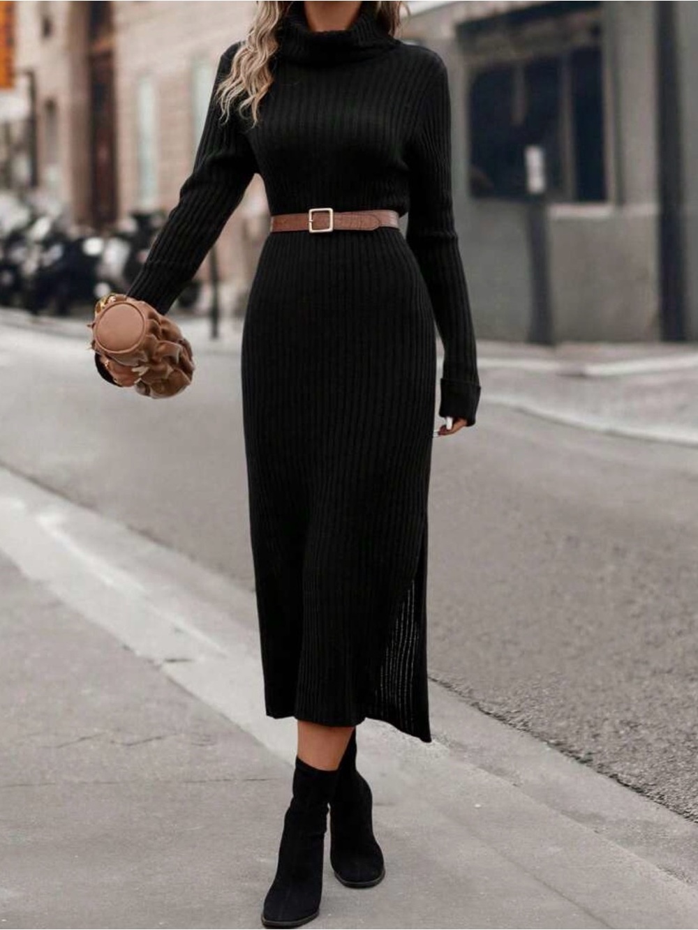 Classic Black Ribbed Turtleneck Midi Dress